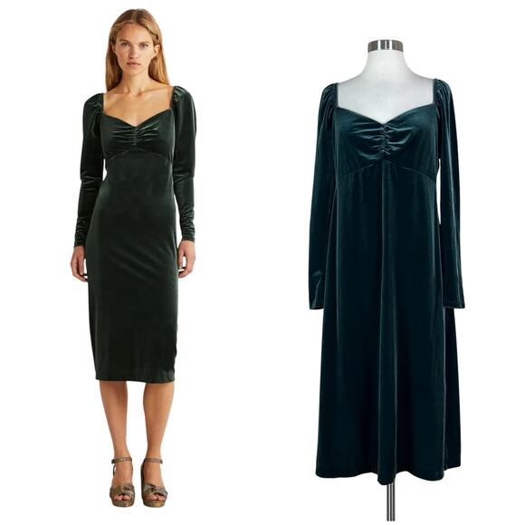 Boden | Sweetheart Forest Green Velvet Long Sleeve Plus Size Holiday Midi Dress - Picture 1 of 10